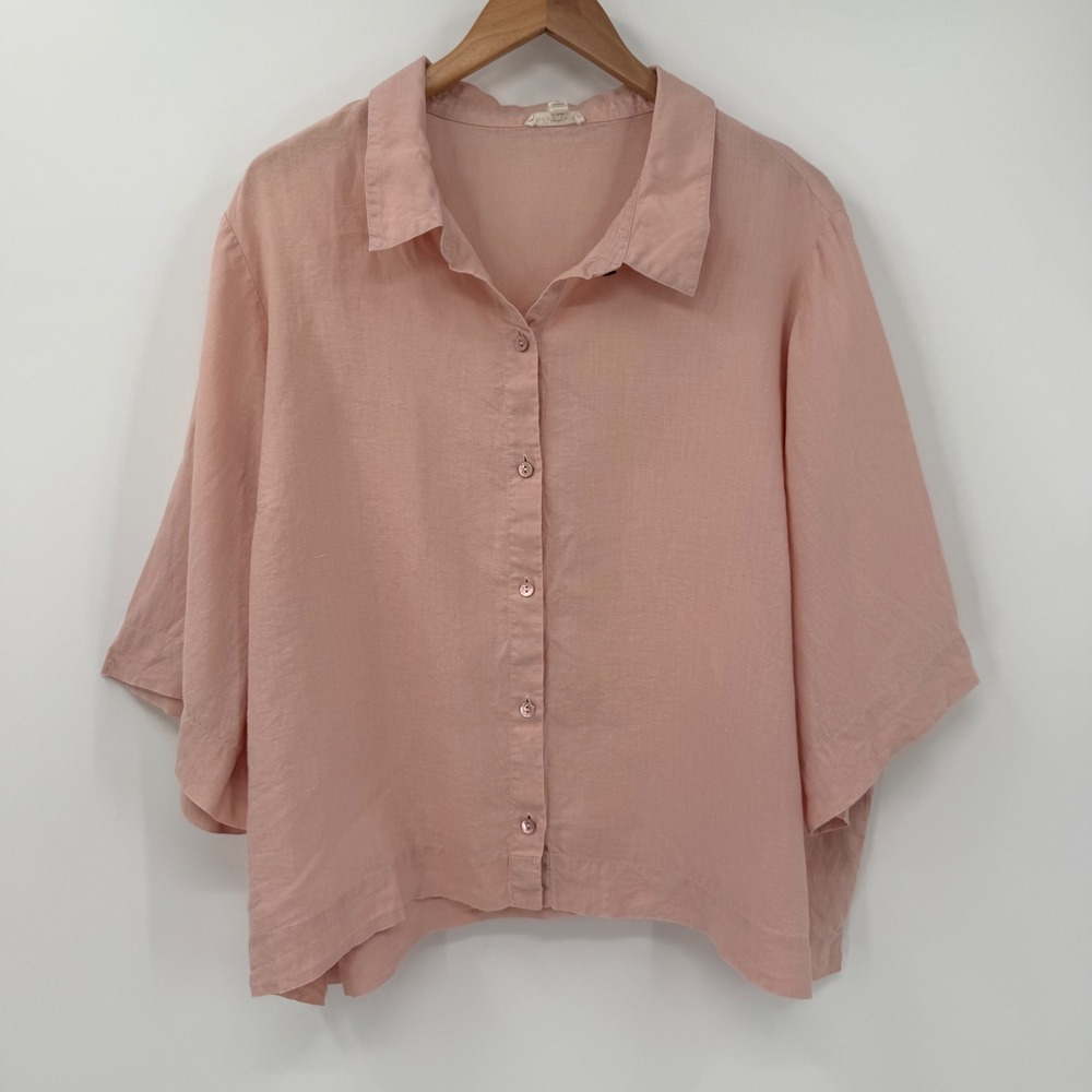 Eileen Fisher Woman 3X Pink Organic Linen Button Up Boxy Shirt